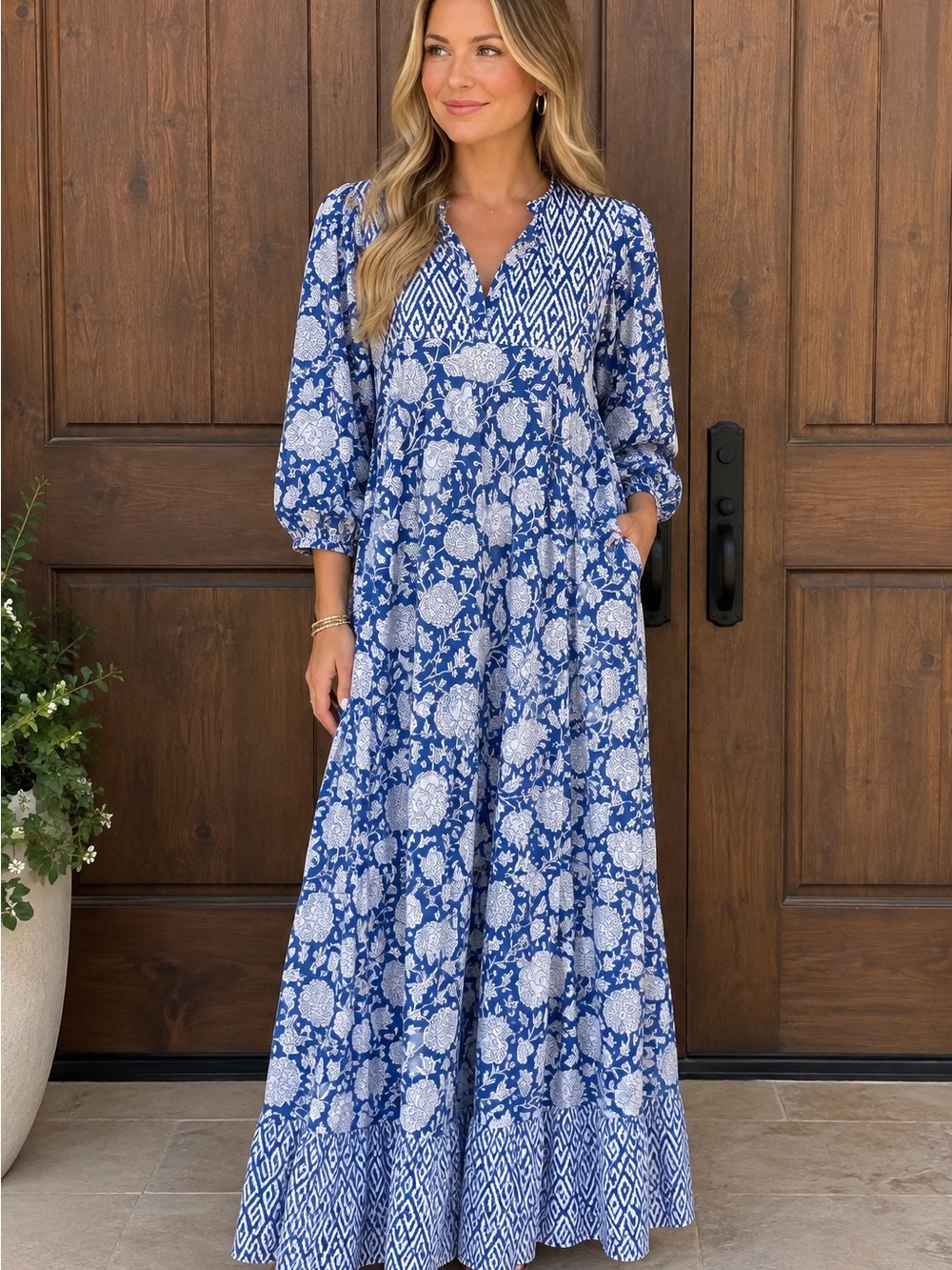 Karni Boho Blue Floral Maxi Dress with V-Neck